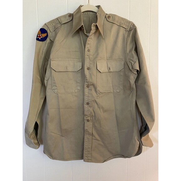 Vintage US Army Air Forces Shirt Mens Large WWII Patch Military Button Up 40s - Picture 1 of 5